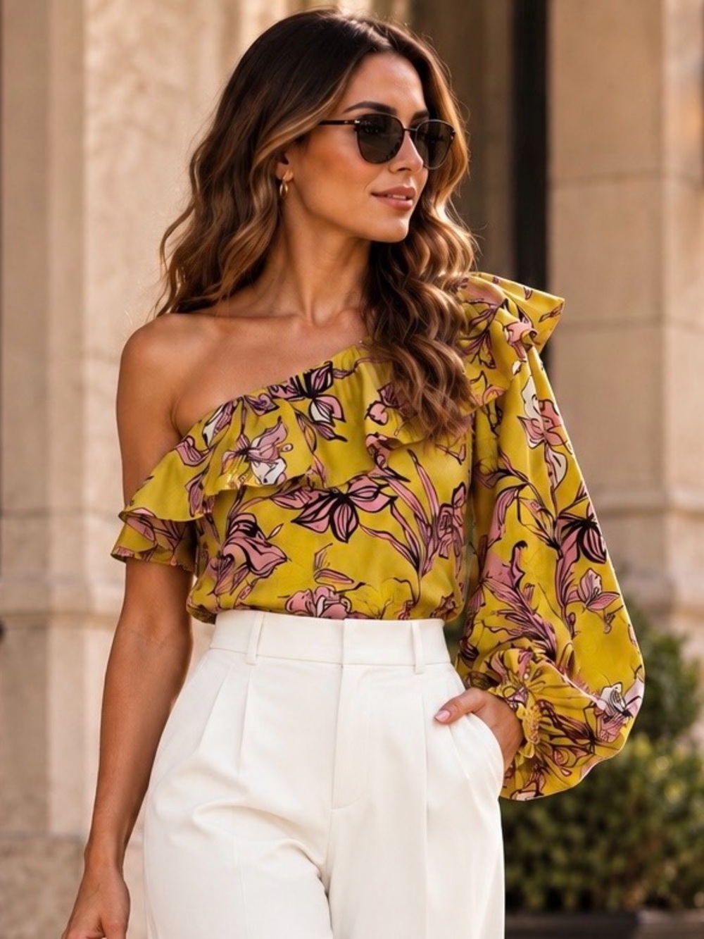 ZARA Accessories 100% Cotton Floral Ruffle One Shoulder Blouse Yellow Pink  S